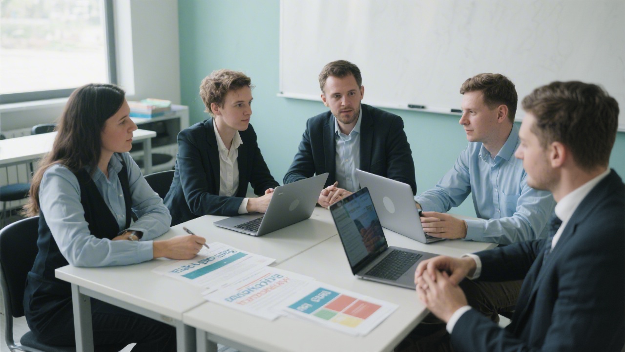 Small group of Irish professionals seated at a modern classroom table, discussing email marketing frameworks with printed materials and laptops.
