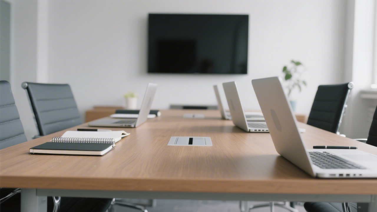 Professional meeting table with notebooks and laptops ready for a consultation about email marketing training, suggesting a formal learning environment.