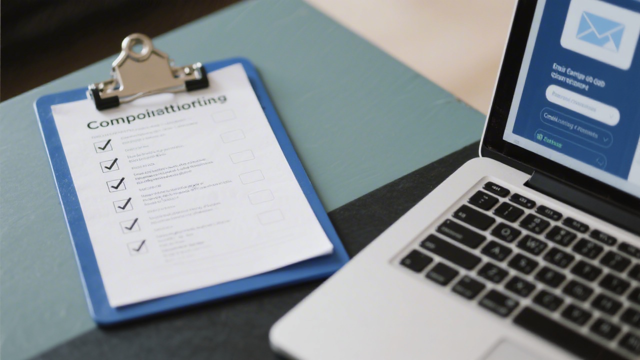 Close-up of a compliance checklist on a clipboard beside a laptop showing email consent settings, conveying careful GDPR planning for marketing operations.