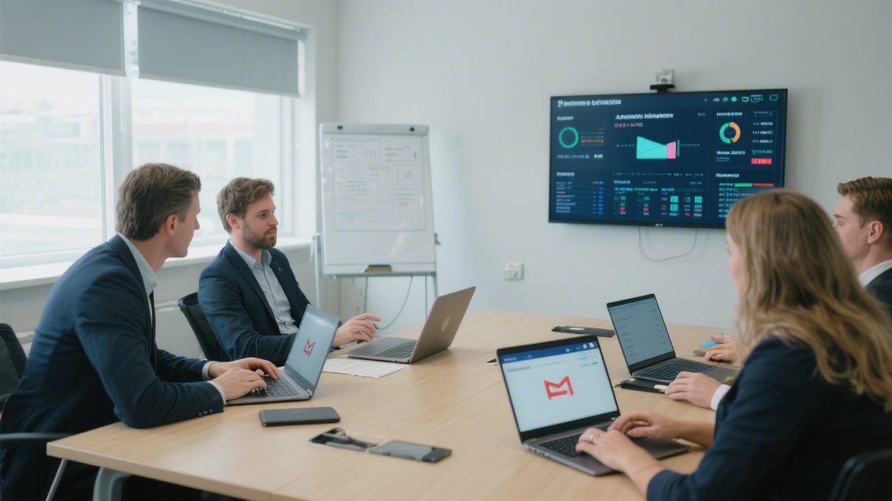 Modern training room with Irish business owners reviewing email campaign dashboards on laptops, showcasing a professional learning environment focused on automation and lifecycle marketing.