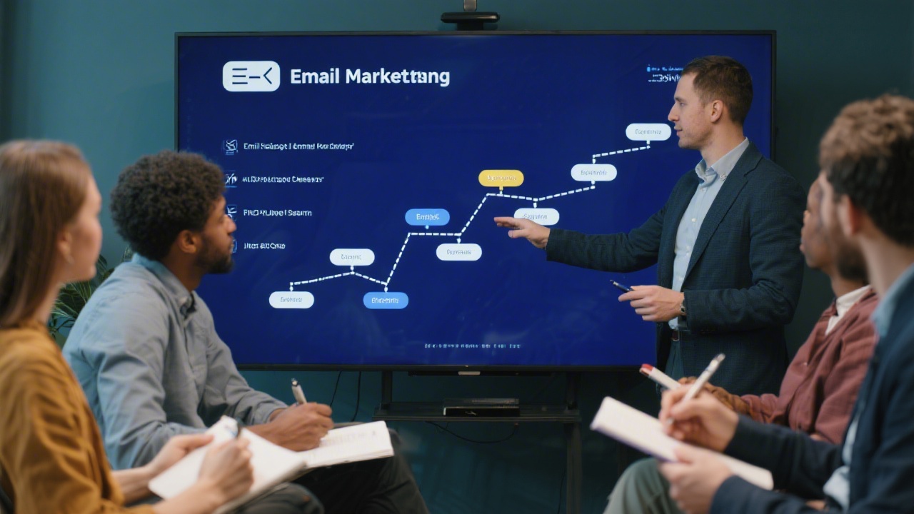 Instructor pointing at a structured email marketing roadmap on a large screen while small business participants take notes, illustrating a clear learning pathway format.