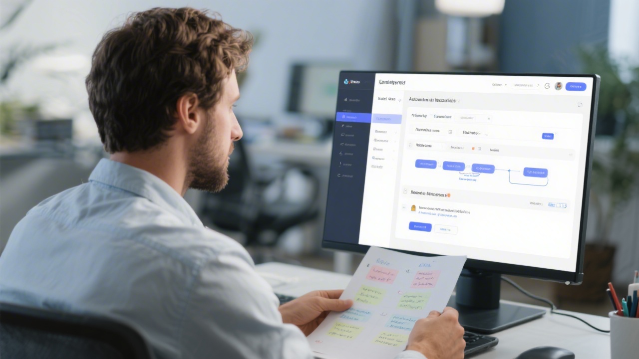 Marketer configuring an automated email workflow in a platform interface while reviewing lifecycle notes on paper, representing practical automation training.