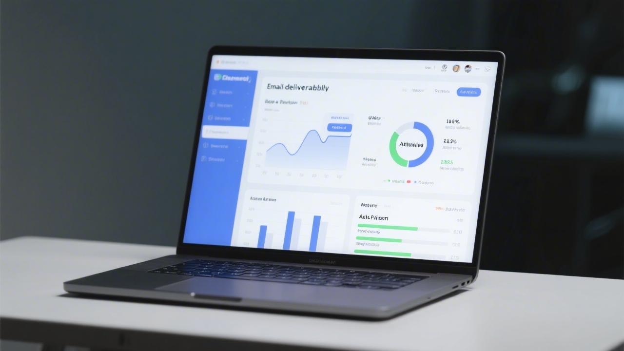 Laptop displaying email deliverability metrics with a focus on inbox placement and authentication status, symbolising a technical review service.