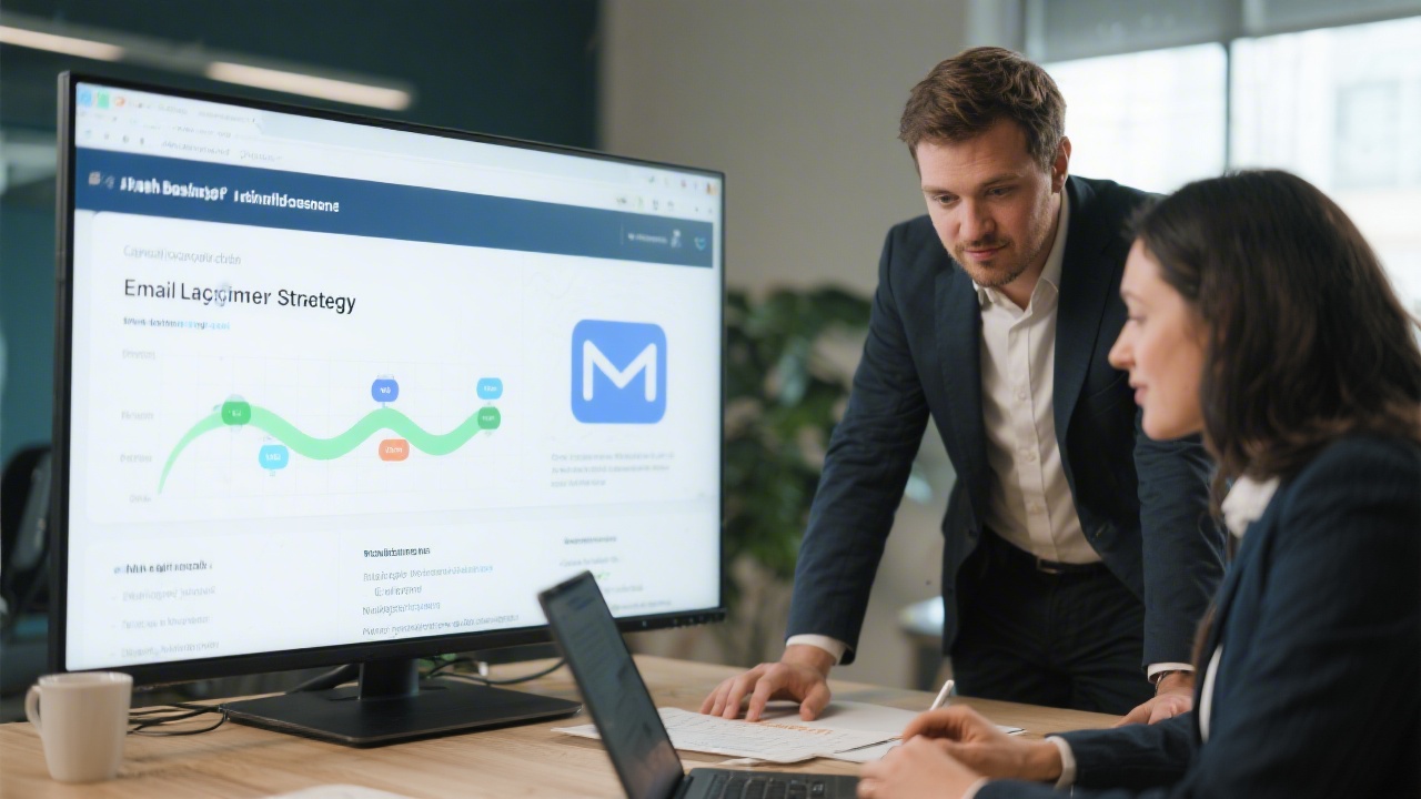 Consultant and marketing manager reviewing an email lifecycle strategy on a large monitor, illustrating a focused planning session for Irish businesses.