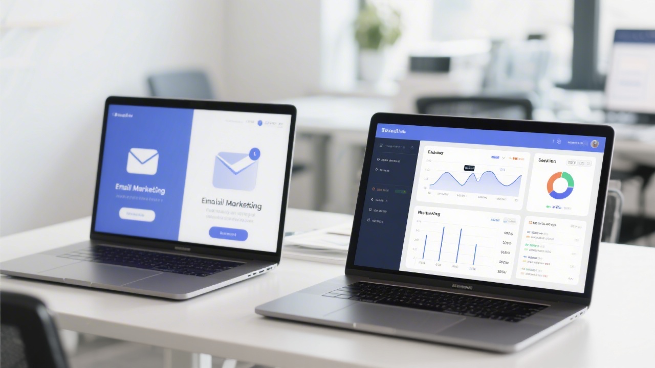 Laptop screens displaying email marketing platforms and analytics dashboards in a clean office environment, representing the practical tool stack taught in courses.